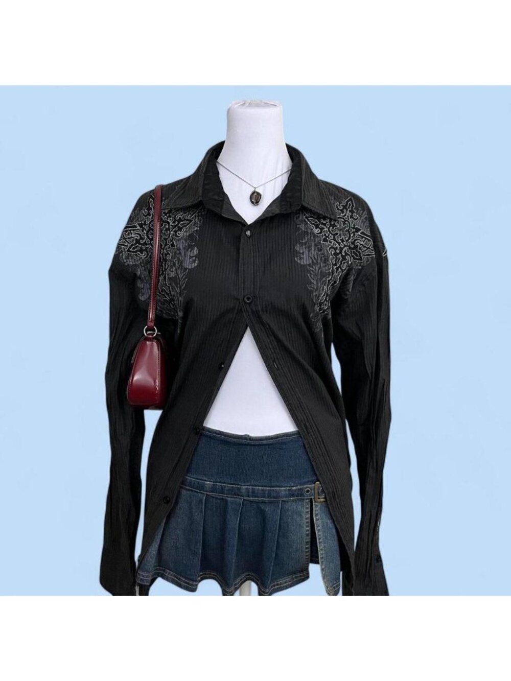 2010s black gray alt emo grunge pinstripe button up